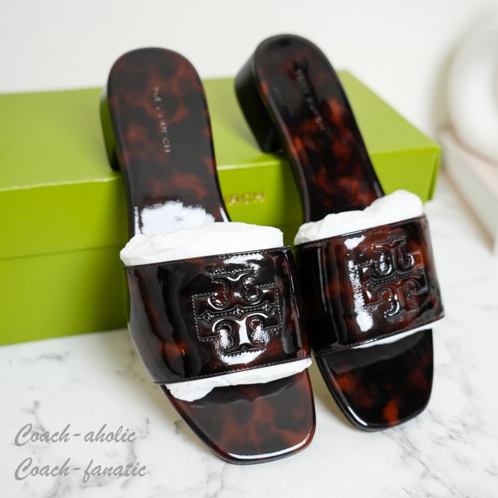 Tory Burch Everly Low Heel Tortoise Patent Leather Slide Sandals NIB